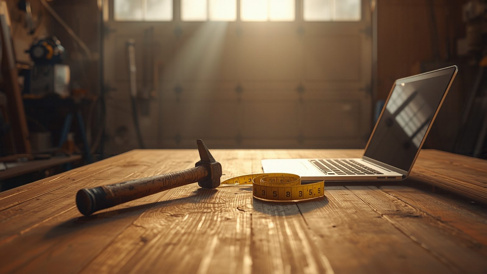 A hammer, a tape measure and an open laptop on a workshop bench in morning light