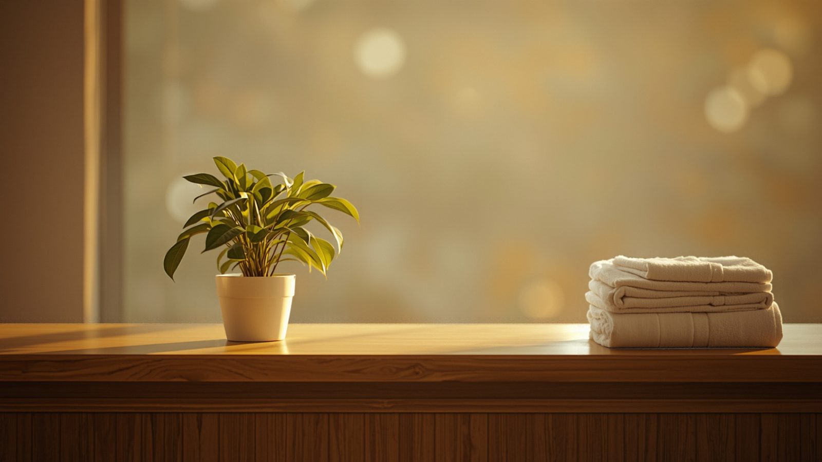 A quiet reception desk with a small plant and folded towels, lit by soft afternoon light through a side window.