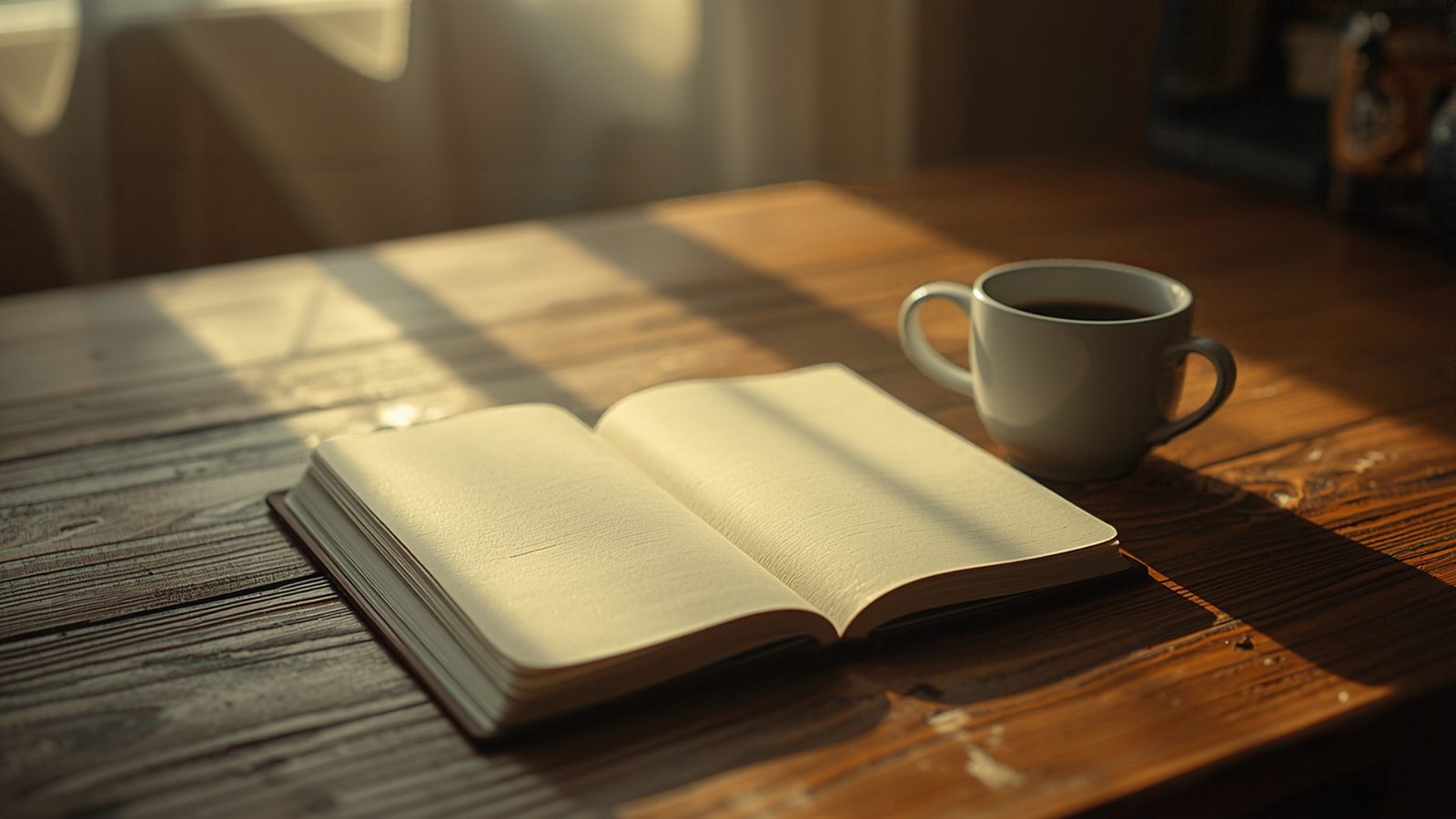 A wooden desk in warm morning light with an open notebook and a cup of coffee, no people or writing visible.