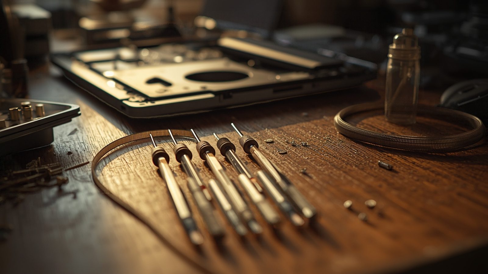A repair bench with a disassembled laptop chassis and tools in warm afternoon light.