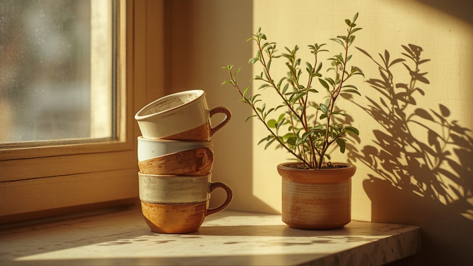 A sunlit café counter with stacked ceramic mugs and a small potted plant.