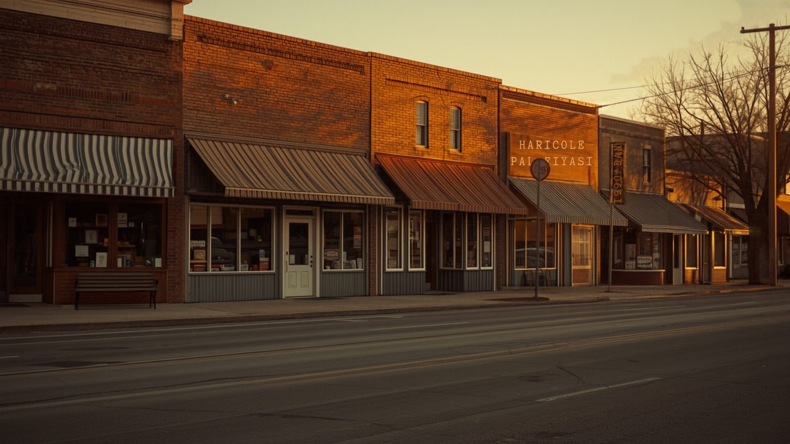 A row of small-town shops on a quiet main street at golden hour