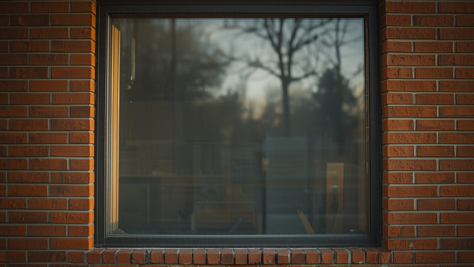 A storefront window reflecting warm morning light with a shallow depth of field, no people or signs visible.