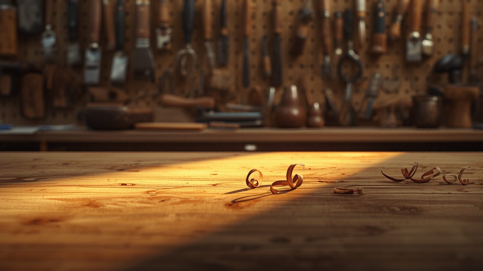 A carpenter's workbench at sunrise with wood shavings and tools in warm morning light