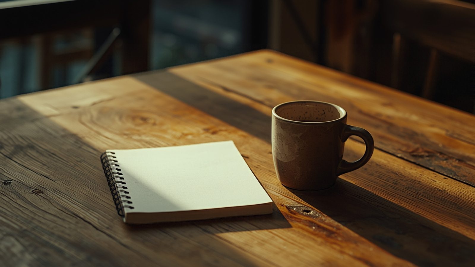A ceramic coffee mug beside a blank notepad on a wooden café table in soft morning light.