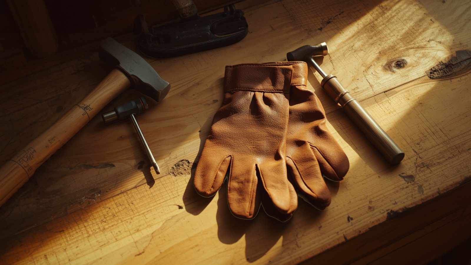 Clean work gloves and tools resting on a sunlit workbench after a finished job