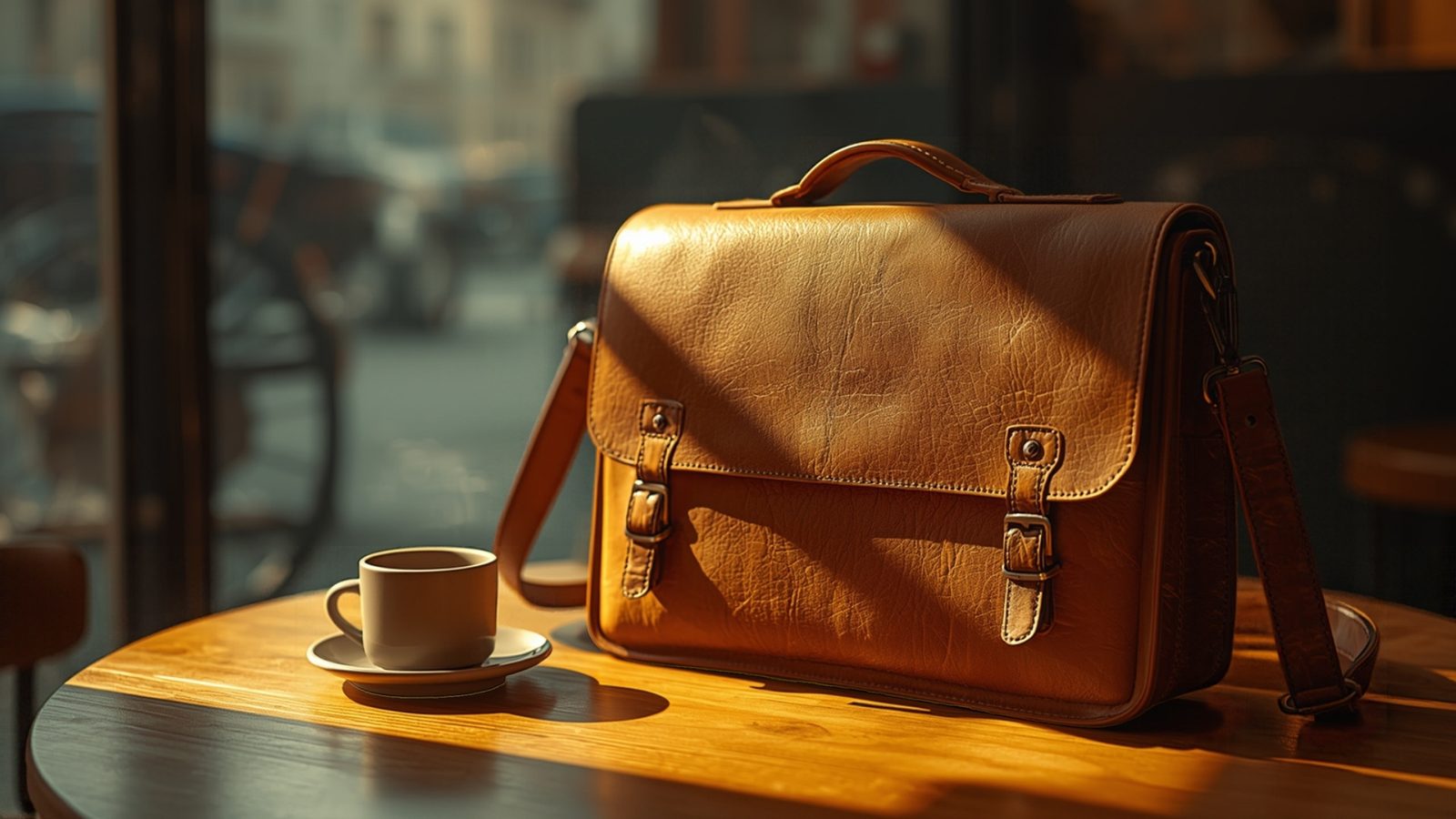 A leather messenger bag and coffee cup on a cafe table in warm morning light.