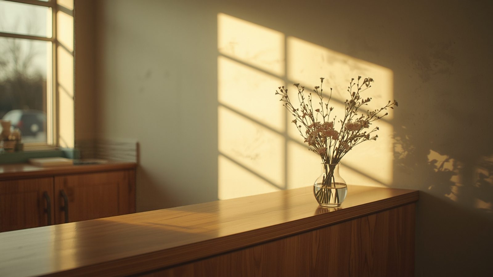 A sunlit reception counter with fresh flowers, calm and uncluttered, no screens or signage.