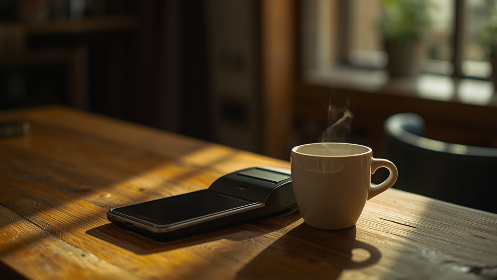 A phone and a card terminal beside a cup of coffee on a wooden shop counter