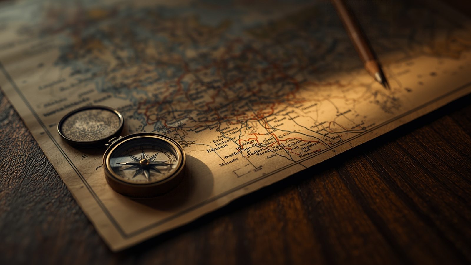 An old road map on a dark wooden desk with a brass compass and a pencil