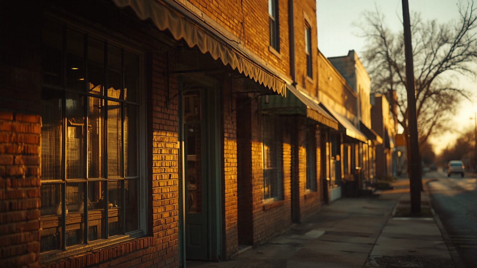 Small-town storefronts lit by warm late-afternoon sunlight along a quiet street.