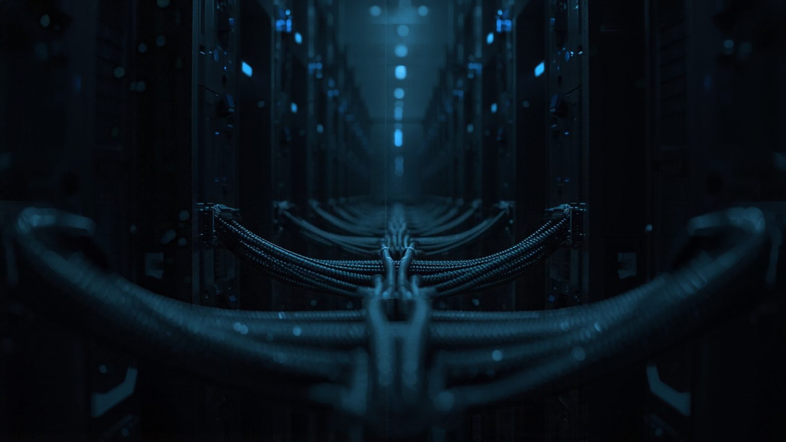 A dim server room with neat cable runs and soft blue indicator lights reflecting on metal racks.