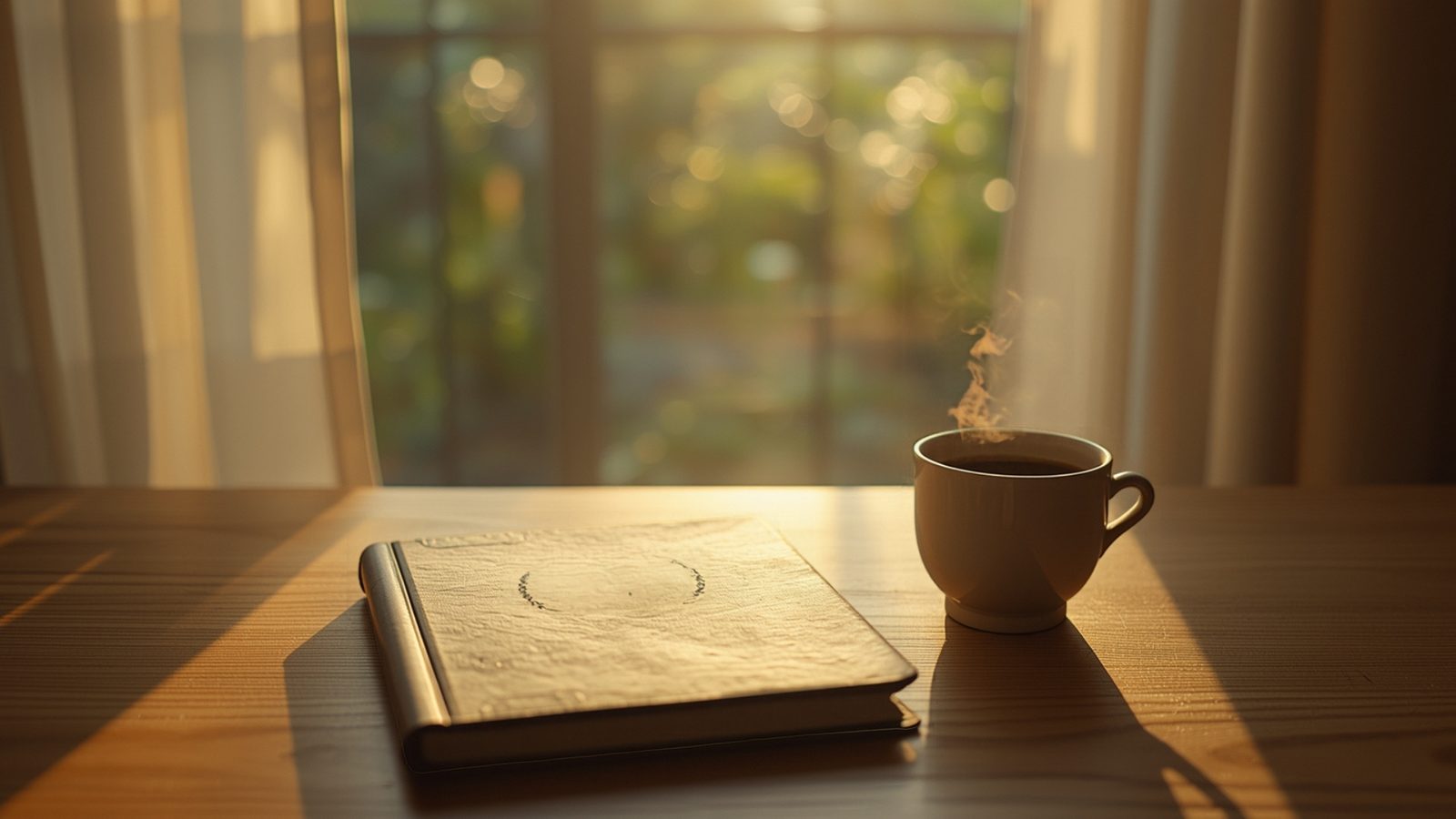 A tidy home desk nook in warm afternoon light with a closed notebook and a cup of coffee