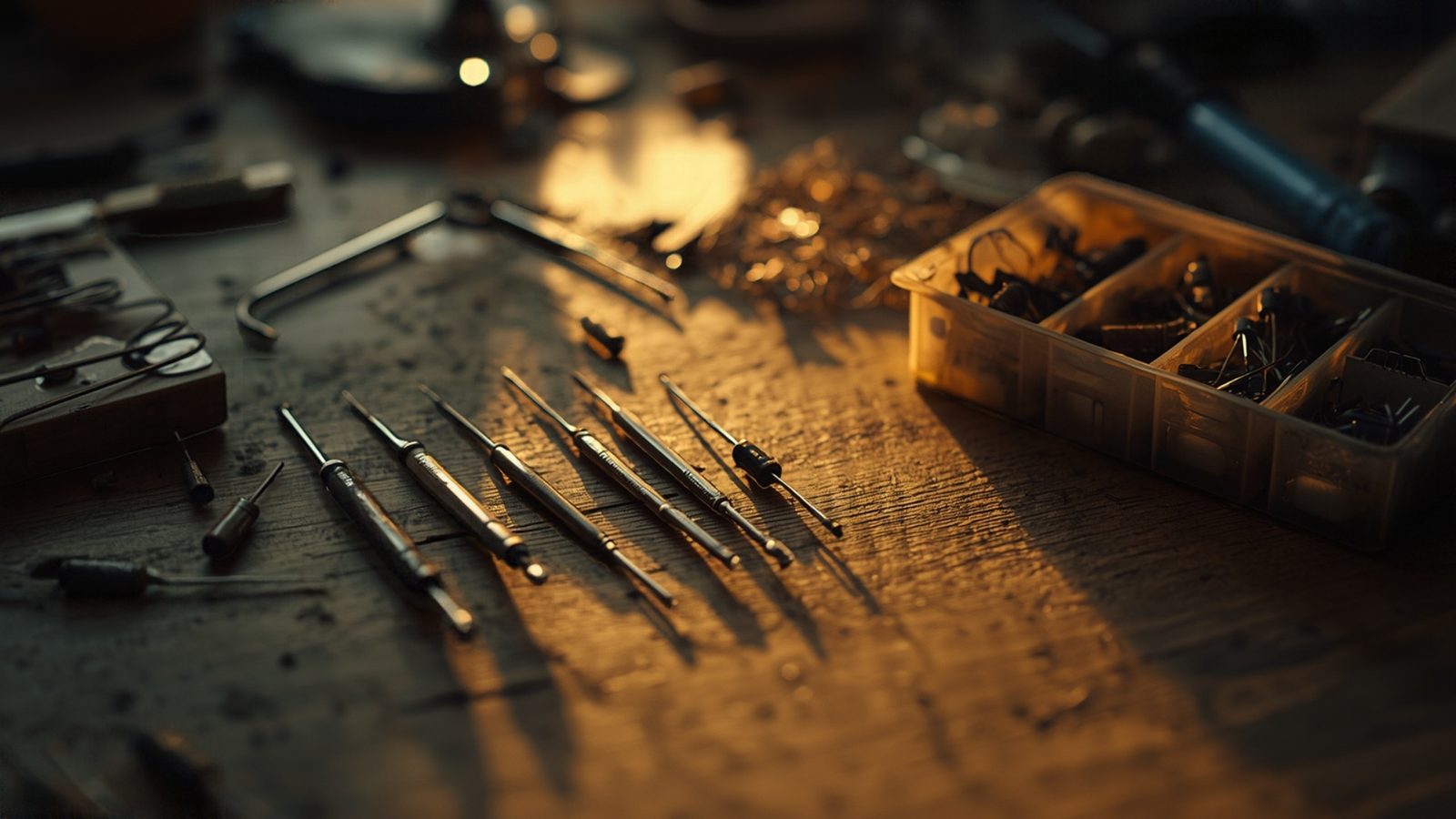 An organized electronics repair workbench with tools and parts bins lit by warm morning light