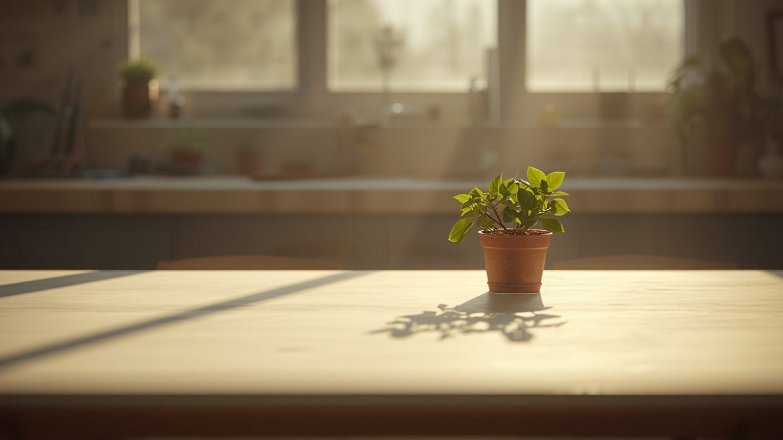 A potted plant on a clean workshop counter lit by soft morning window light