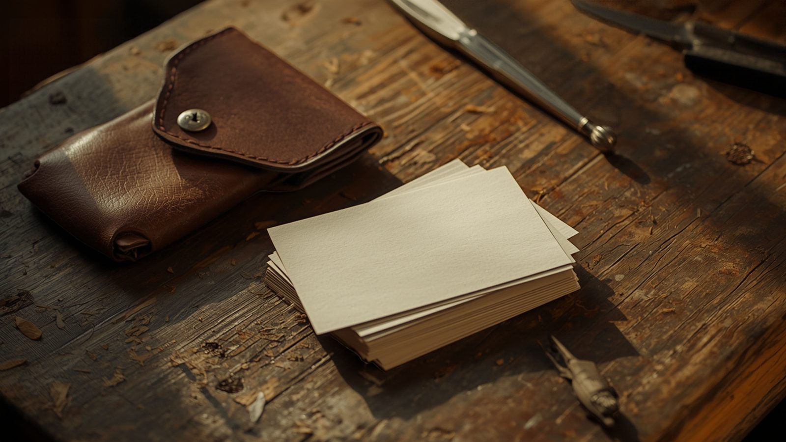 Blank matte cards fanned on a wooden workbench beside a leather tool pouch in warm afternoon light.