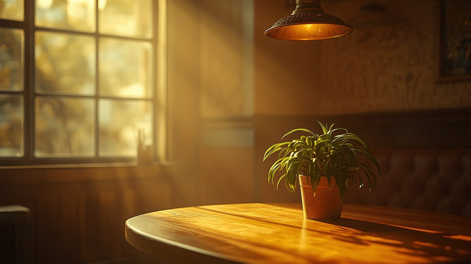 A sunlit café corner with a wooden table, potted plant and pendant light