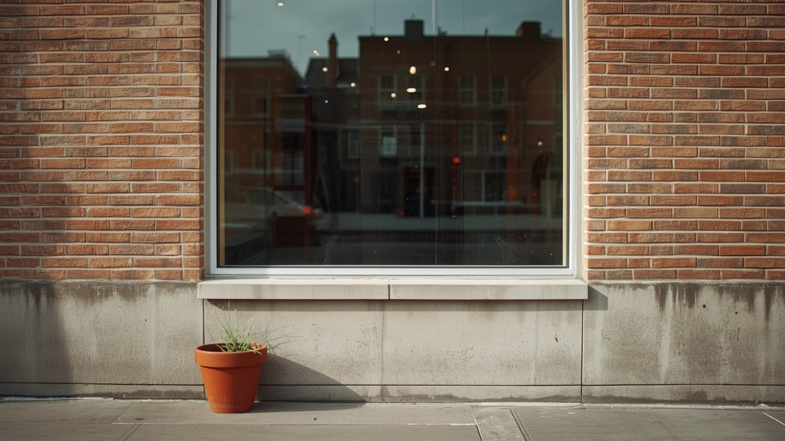 A storefront window reflecting soft morning light, with a potted plant on the sidewalk outside