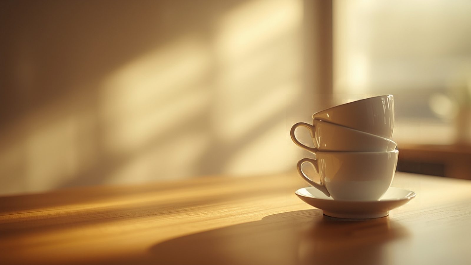 Porcelain cups stacked on a cafe counter in warm morning light