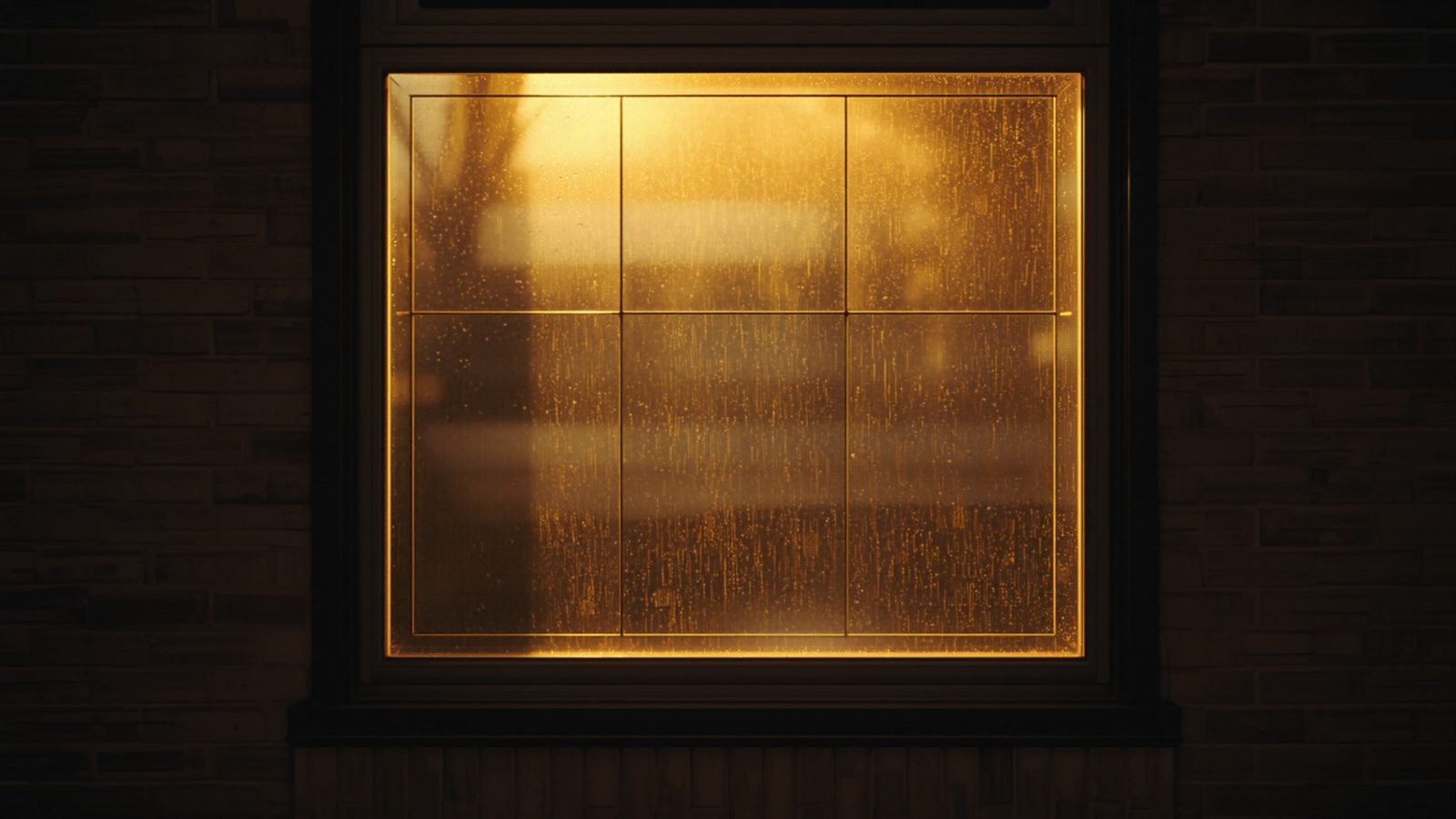 A small storefront window catching warm morning light with a soft, shallow-focus reflection