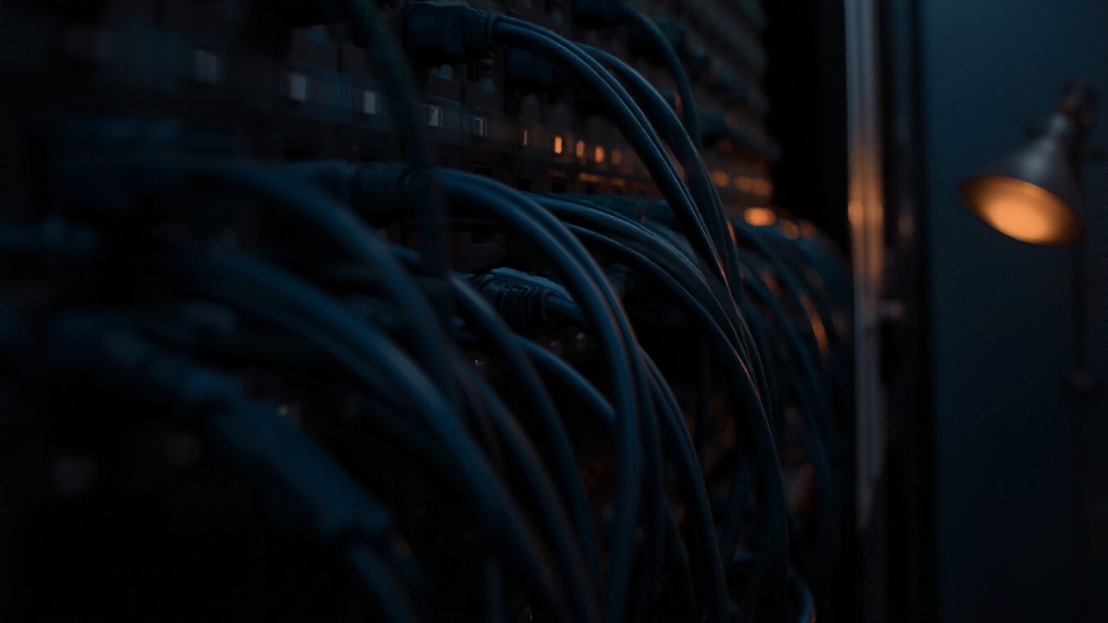 A wall-mounted patch panel with neatly bundled network cables, lit by a single warm desk lamp