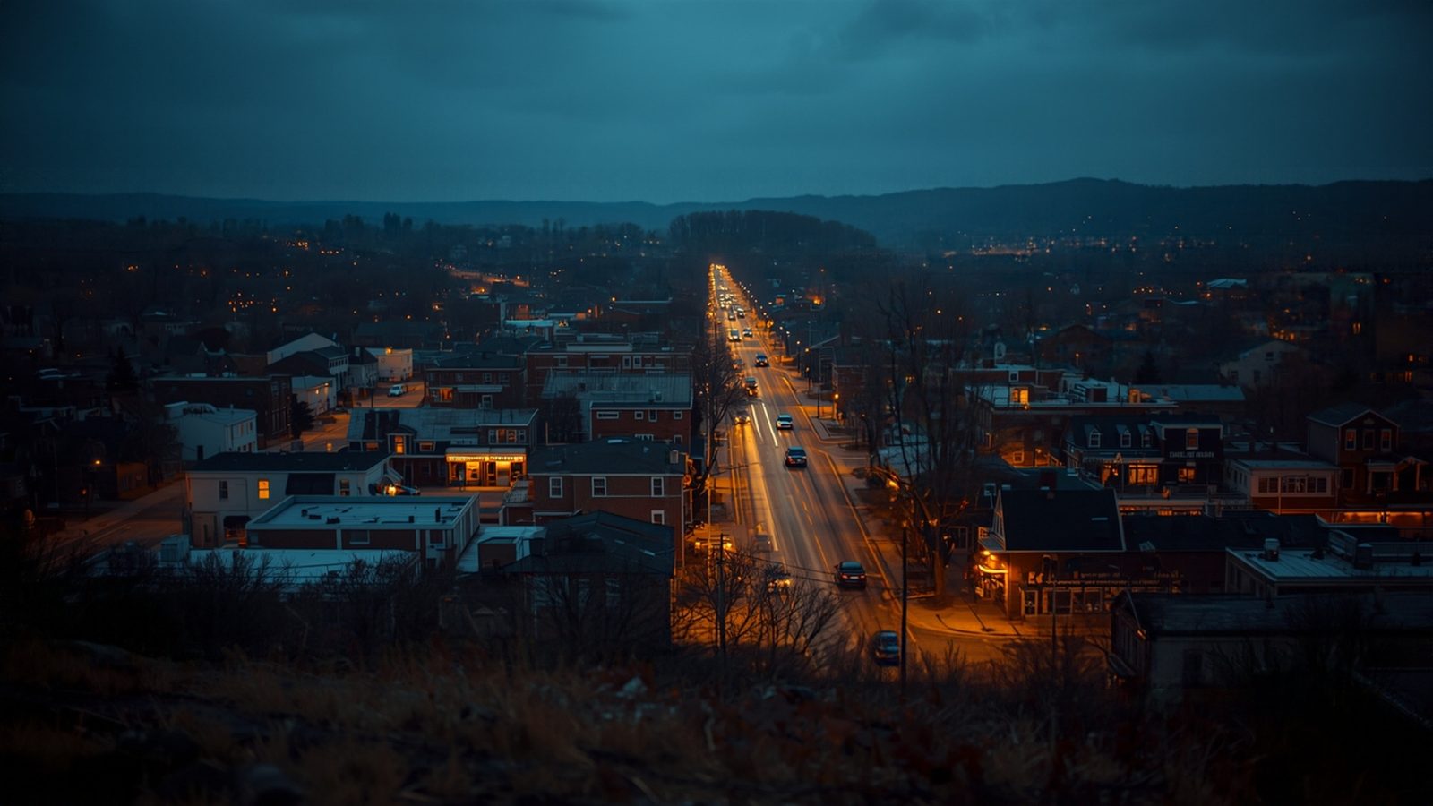 A small town seen from a hill at dusk, its streets and storefronts lighting up