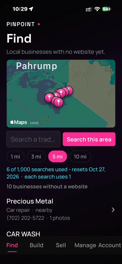 PinPoint app Find screen