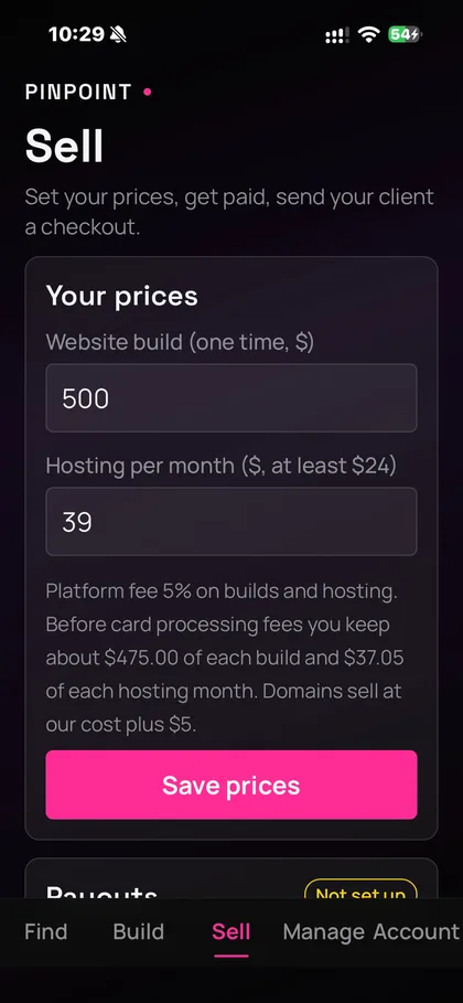 PinPoint app Sell screen