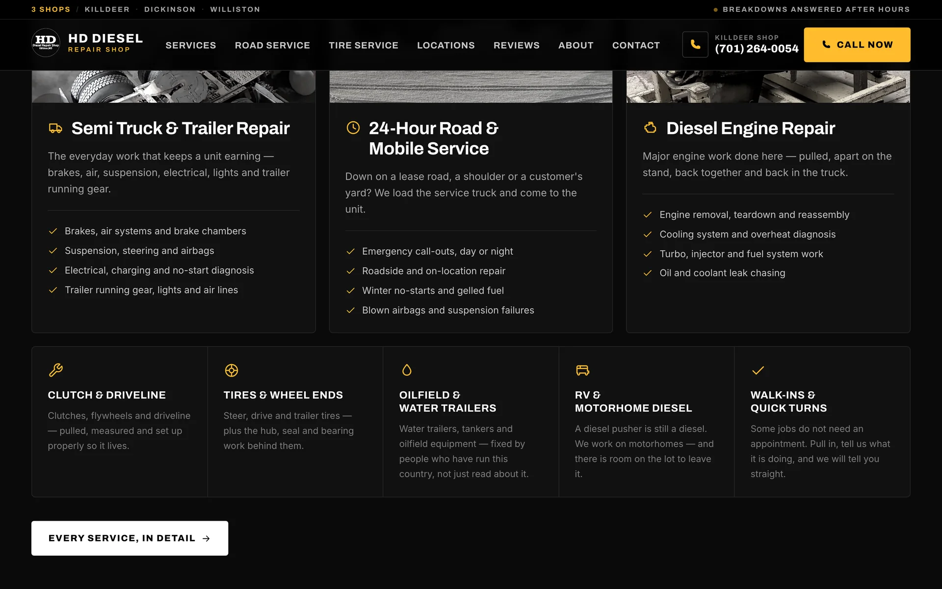 The HD Diesel Repair Shop website we built