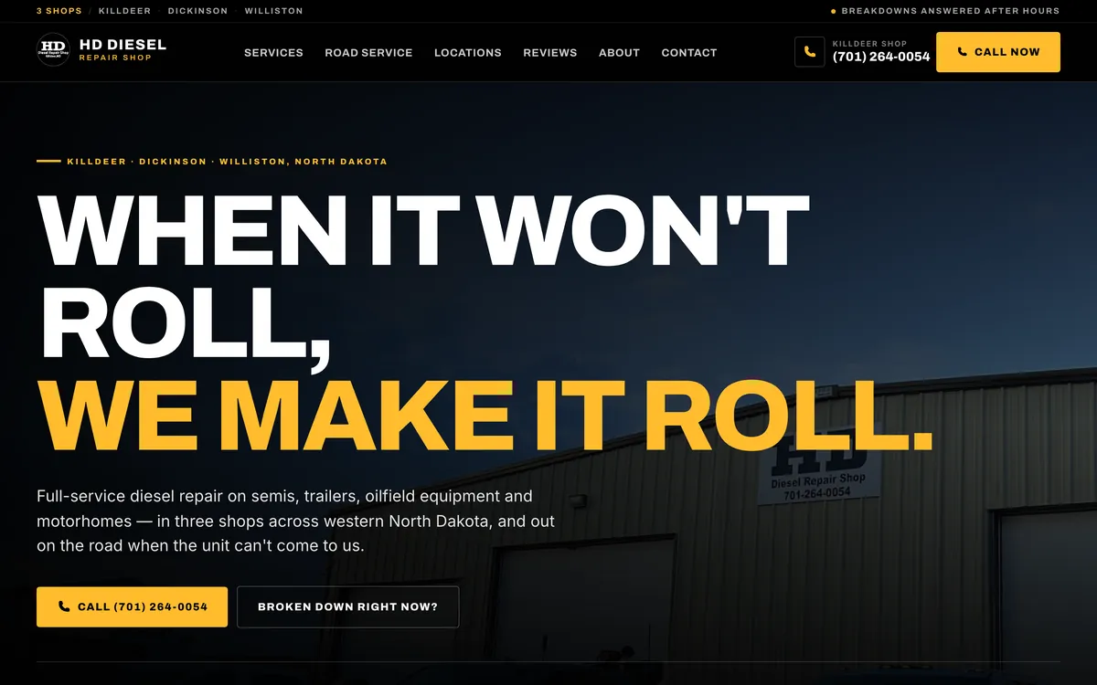 The HD Diesel Repair Shop website we built