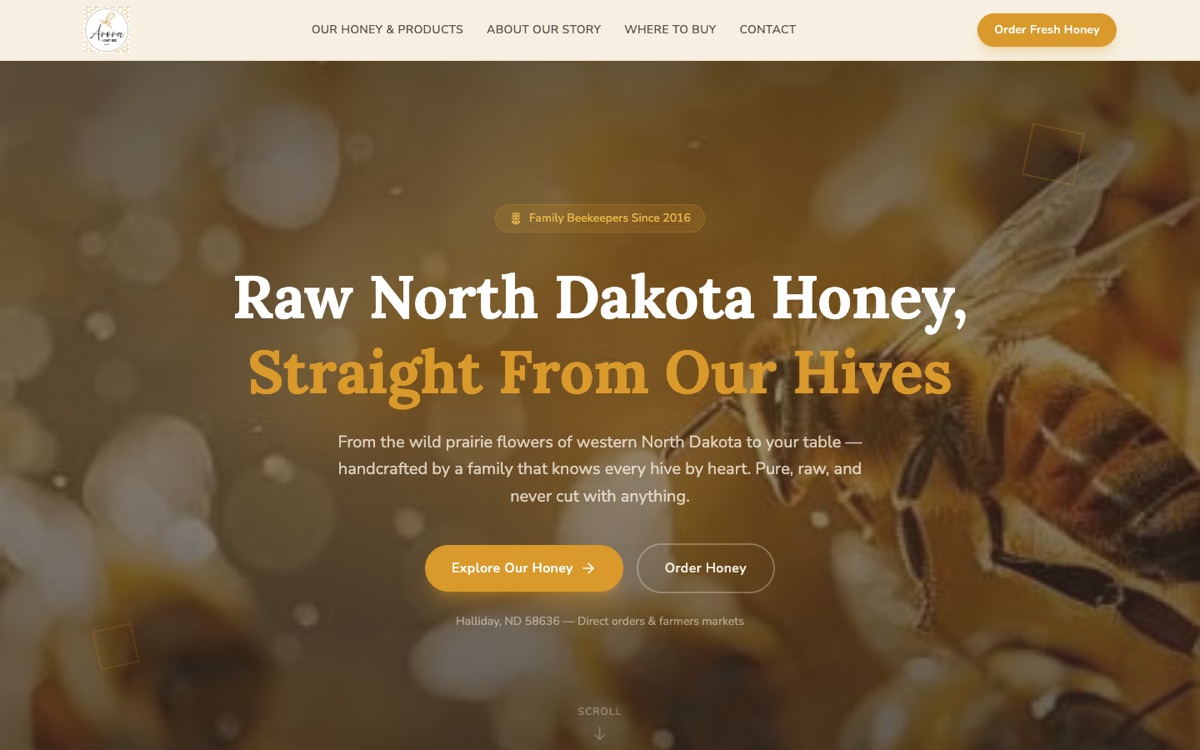 Screenshot of the Arora Honey Bee LLC website built by PMV Digital