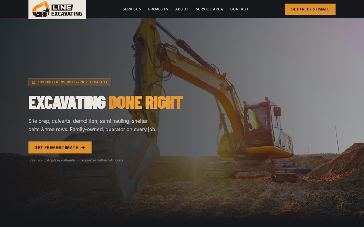 Screenshot of the Line Excavating website built by PMV Digital